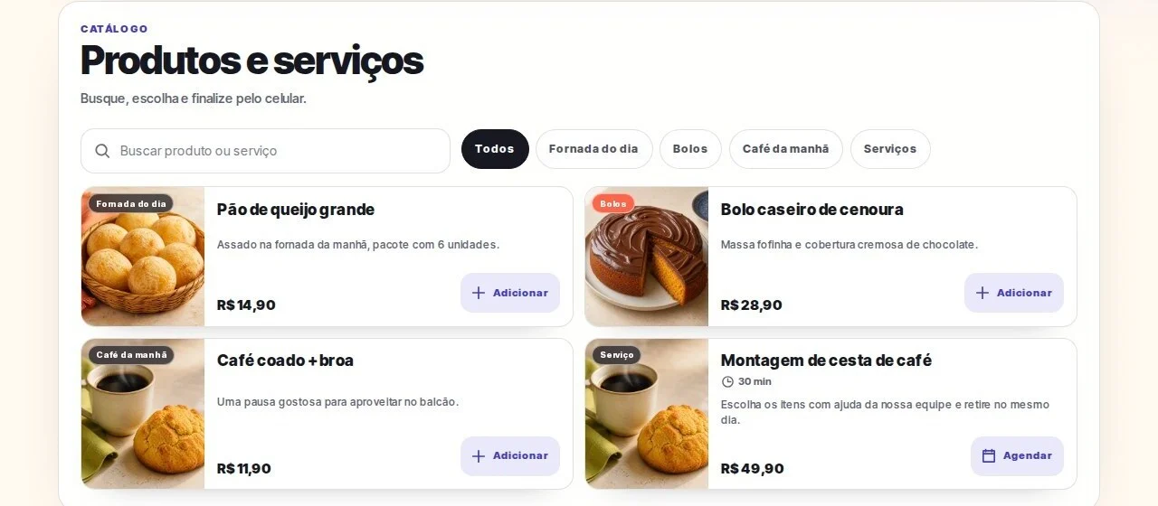 Captura da vitrine pública de demonstração Padaria Sol da Vila, com busca, categorias, preços e ações para adicionar ou agendar