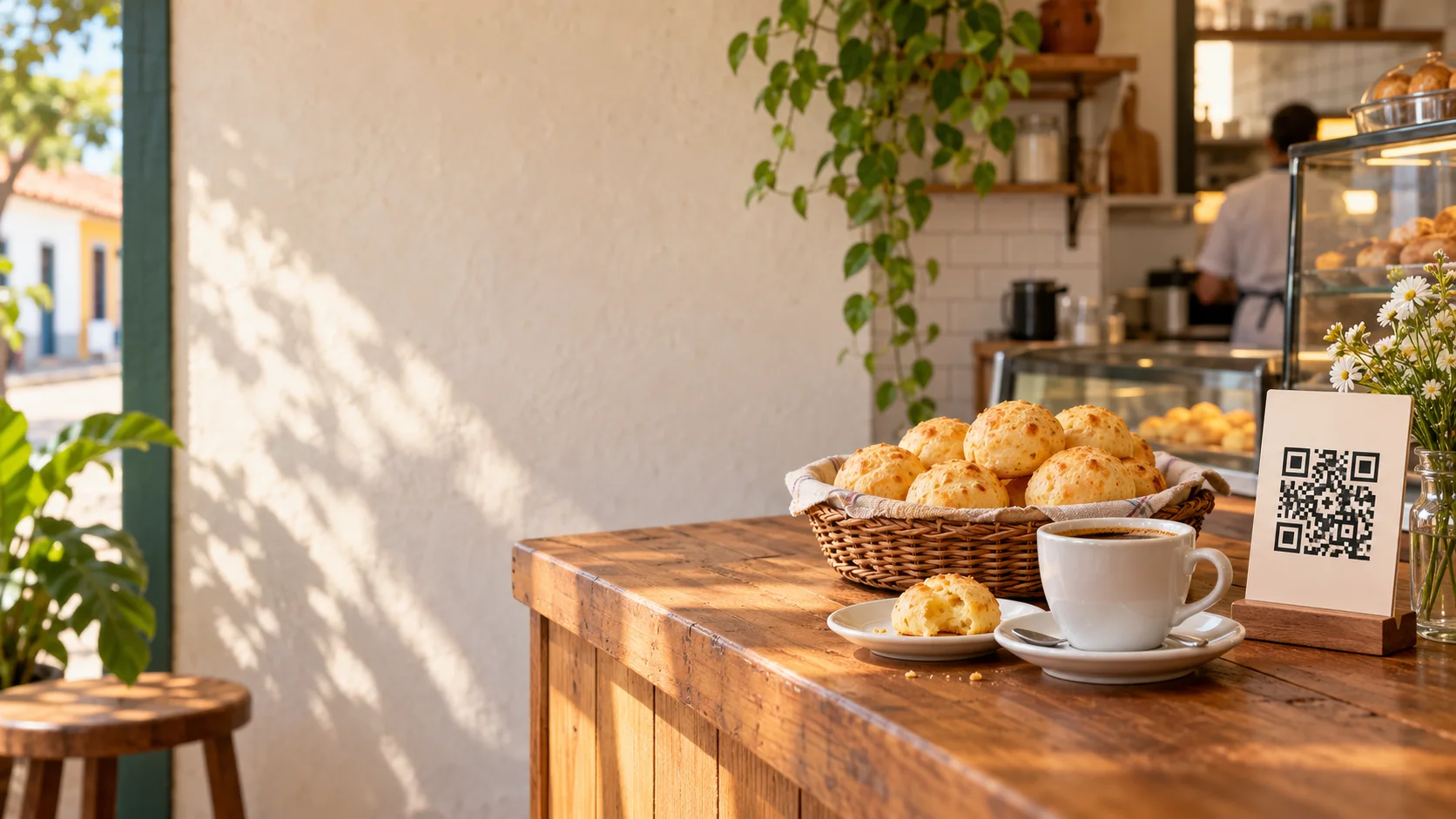 Ilustração de um balcão de padaria de bairro com pão de queijo, café e um QR Code impresso em um suporte