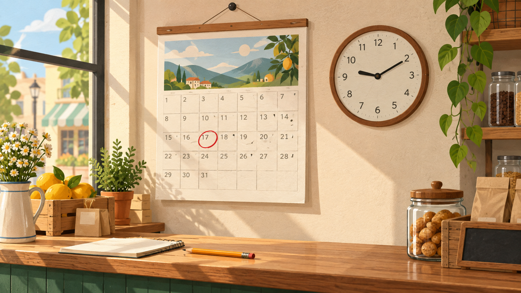 Ilustração de um calendário com uma data circulada e um relógio sobre o balcão, representando as datas especiais e feriados da loja