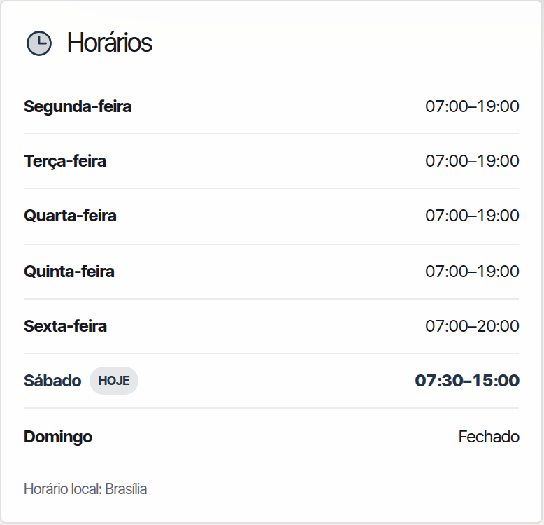 Tabela de horários da vitrine de demonstração Studio Aurora, com os sete dias da semana, sábado em destaque e a linha de horário local