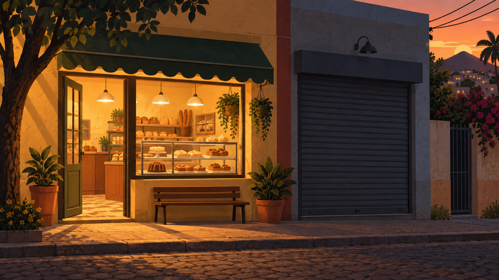 Ilustração de uma loja de bairro com a porta aberta e iluminada ao lado de outra fechada, representando o selo de aberta ou fechada da vitrine